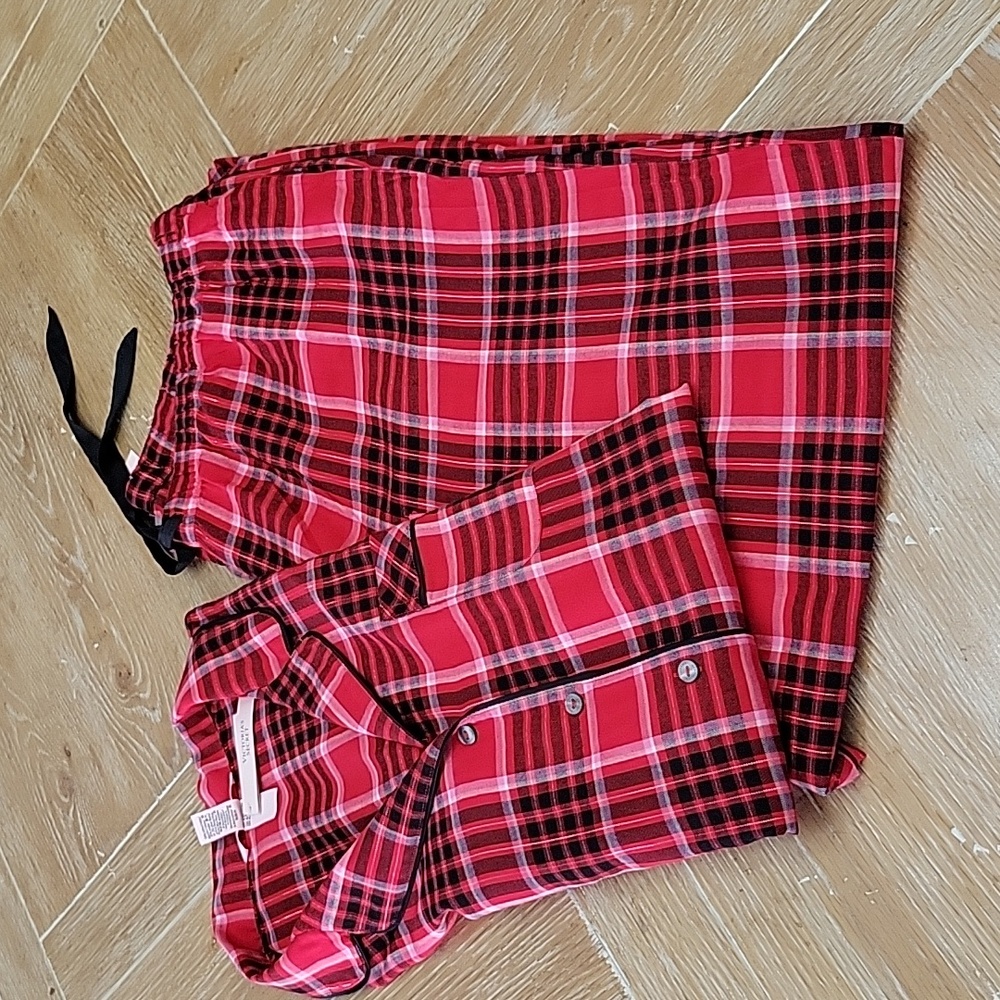 Victoria's Secret Plaid Wide Leg Pant/Front Button Top Pajama Set In XL NWT